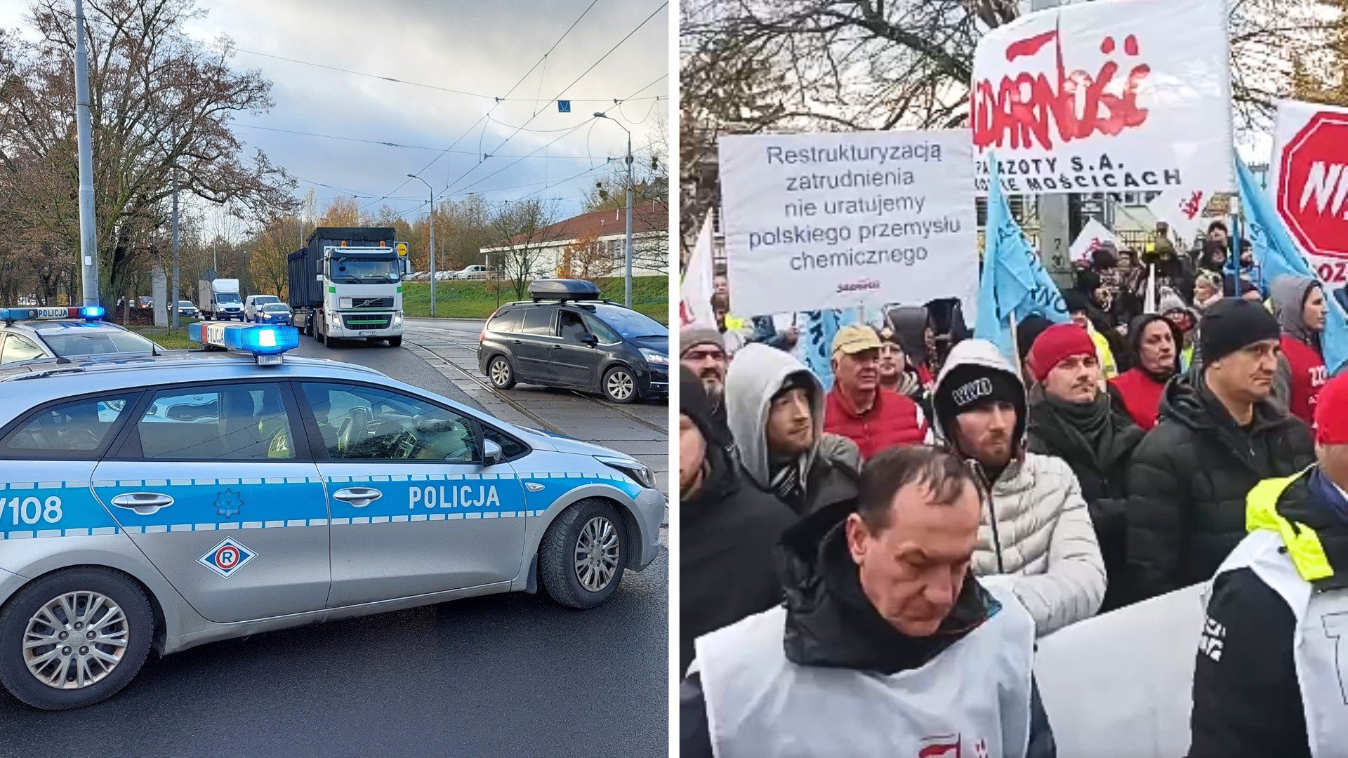 Protest pracowników Grupy Azoty Police. Związkowcy blokowali ulicę Dębogórską w Szczecinie