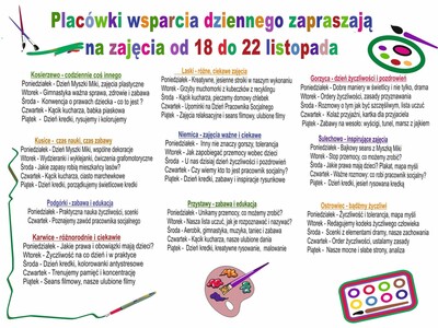 Zapraszamy na zajęcia od 18 do 22 listopada